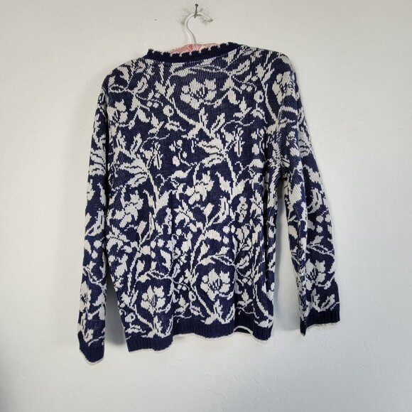 Vintage D'Allaird's Womens Floral Knit Crew Neck Sweater Blue/White Pullover - Picture 2 of 6